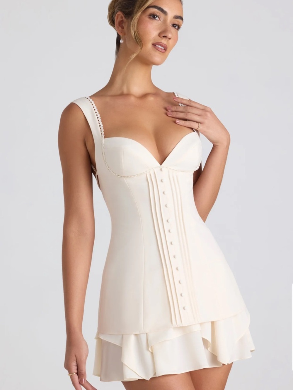 Cassandra Ruffle-Trim Button-Detail Corset Mini Dress in Ivory oh Polly
